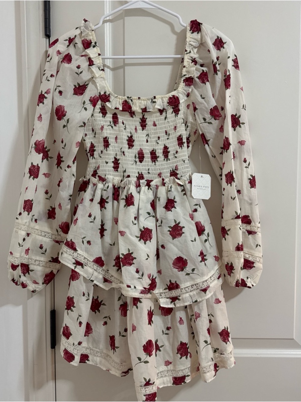 Altar'd State Cream Dress with Red Rose Print and Smocked Bodice